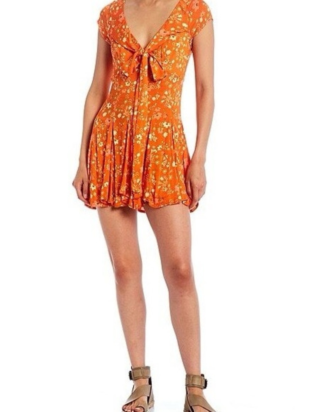 Free People Orange Floral Tie-Front Mini Dress - Picture 2 of 7